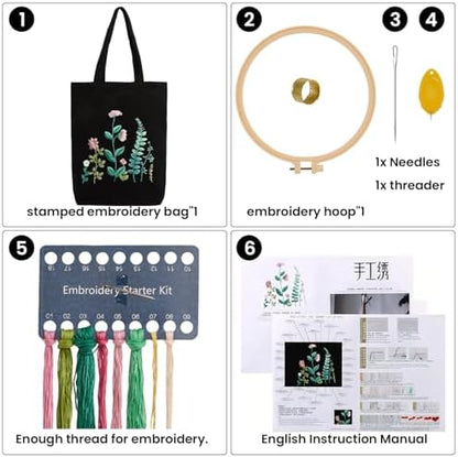 CREAWONDER Canvas Tote Bag Embroidery Kit with Pattern for Beginners, Arts and DIY Embroidery Crafts Kits for Adults, Include Instructions, Embroidery Hoops, Color Threads and Tool - Image 4