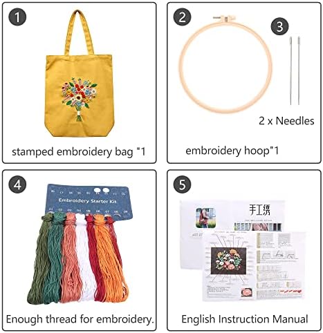MAMUNU Canvas Tote Bag Embroidery Kit with Pattern for Beginners, Arts and DIY Crafts Kits for Adults, Include Instructions Embroidery Bag, Embroidery Hoops, Color Threads and Tool (Yellow) - Image 4