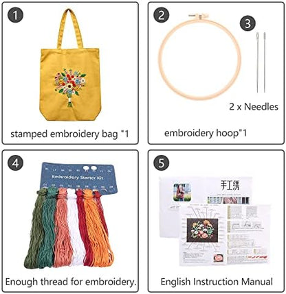 MAMUNU Canvas Tote Bag Embroidery Kit with Pattern for Beginners, Arts and DIY Crafts Kits for Adults, Include Instructions Embroidery Bag, Embroidery Hoops, Color Threads and Tool (Yellow) - Image 4