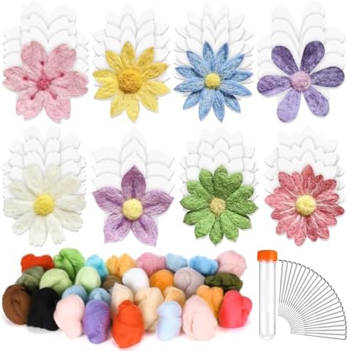 HunnmingRe 32 Set Needle Felting Kits Needle Felting Supplies for Beginner Include Wool Roving Pad and Needles for DIY Home Decoration Art Craft(Flowers) by HunnmingRe