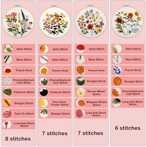 VIVIDOX 4 Sets Embroidery Kit for Beginners with Stitch Video, Flower Cross Stitch Kits for Adults, Starter, Hand Craft Lover Practice with Floral Stamped Pattern, 2 Hoops, 16 Needles, Scissors, Tools - Image 6