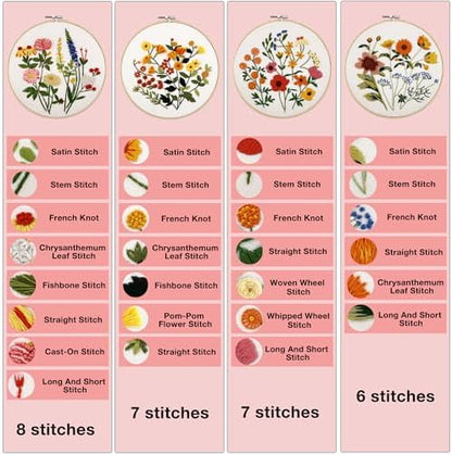 VIVIDOX 4 Sets Embroidery Kit for Beginners with Stitch Video, Flower Cross Stitch Kits for Adults, Starter, Hand Craft Lover Practice with Floral Stamped Pattern, 2 Hoops, 16 Needles, Scissors, Tools - Image 6