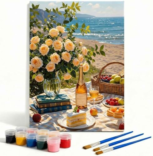 Amphol Paint by Numbers Kit for Adults - DIY Summer Seaside Picnic Paint by Number Kits on Canvas, 16x20 Inch Unframed Oil Painting Kit for Home Wall Decor, Stress Relief with Acrylic Paint Set by Amphol