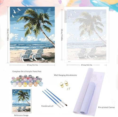 Natuyalo Paint by Numbers Kit for Adults - Beach DIY Adult Paint by Number Kits Seascape Acrylic Canvas Painting for Adults Beginners Kids Art Crafts Without Frame, 16x20 Inch - Image 5