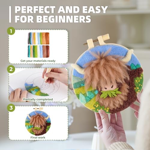 Needle Felting Kit,Embroidery kit for Beginners,Punch Needle Kits Adults Beginner,Punch Needle kit for Beginners, Includes All Tools and Materials,Easy to Follow Instructions and Videos(Highland Cow) - Image 6