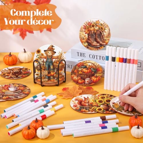 Reallnaive 45 Pcs Fall Wooden Coasters Painting Kit, 10 Autumn Gnome Pumpkins Sunflower Truck Coaster Arts and Crafts Fall Gift for Adults Ornament Home Office Decor - Image 3