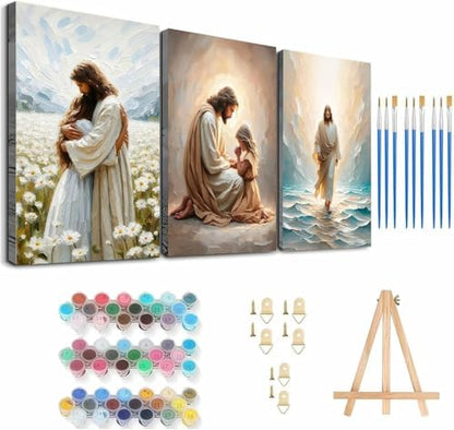 3 Pack Paint by Numbers Kit for Adults Framed Canvas, with Wooden Easel by BAWKENTON