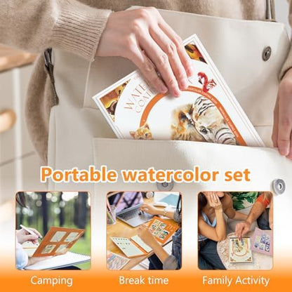 2-Pack Watercolor Painting Books for Adults & Beginners - All-in-One Creative Stress Relief Art Kit with 3-Fold Pad, 32 Pre-Printed Pages, 24 Colors & 2 Brushes (Animal + Starry Fairyland) - Image 4