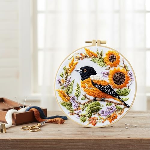 FRANDEK DIY Sunflower Bird Stamped Embroidery Kit with Hoop for Adults - Image 2
