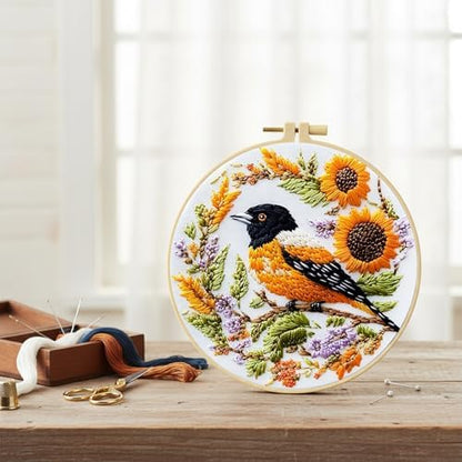 FRANDEK DIY Sunflower Bird Stamped Embroidery Kit with Hoop for Adults - Image 2