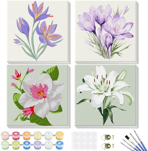 Flowers Paint by Number for Adults Beginners and Kids, 4 Pack DIY Adult Paint by Number Kits on Canvas Framed, Color by Numbers Acrylic Oil Painting Number Kits Crafts for Home Wall Decor 8x8inch by Geniusmaker