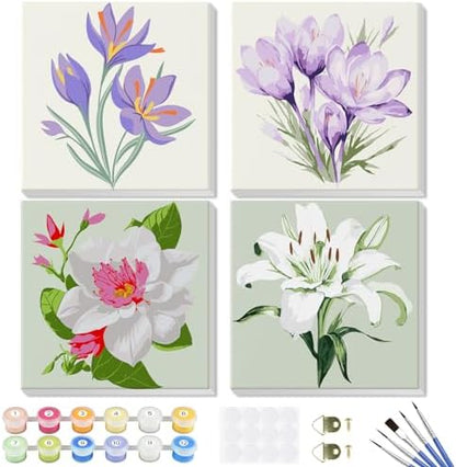 Flowers Paint by Number for Adults Beginners and Kids, 4 Pack DIY Adult Paint by Number Kits on Canvas Framed, Color by Numbers Acrylic Oil Painting Number Kits Crafts for Home Wall Decor 8x8inch by Geniusmaker