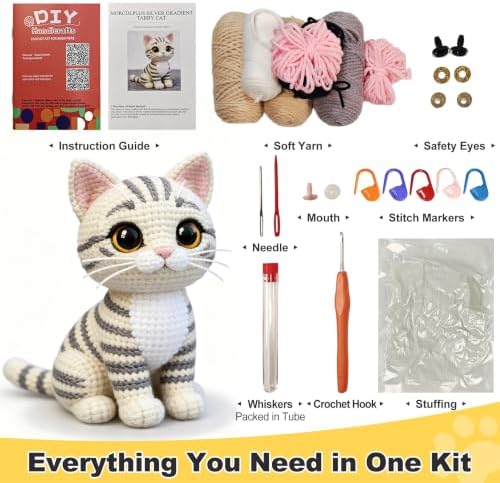 Morcolplus Realistic Cat Crochet Kit for Adults, Intermediate Amigurumi Crochet Kit with Step-by-Step Video Tutorials and All Materials Included, DIY Gift for Cat Lovers (Light Gray) - Image 6