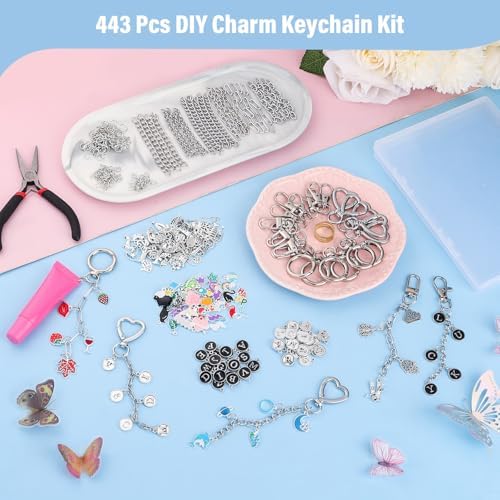 Modacraft 443 Pcs Charms Lip Gloss Keychain Making Kit, Silver DIY Bag Charm Kit Including 28 Key Chain Hooks 30 Extender Chains 172 Charms 200 Jump Rings 10 Lobster Clasps 1 Plier for Gifts Supplies - Image 7