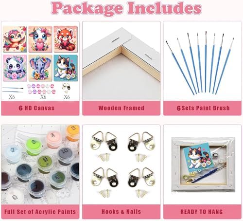 SYDYLH 6 Pack Framed Paint by Numbers Kit for Kids & Adults Beginners, Easy Animal Paint by Numbers Kits with Canvas Paints Brushes, Acrylic Oil Painting Arts and Crafts for Wall Decor 8 x 8 Inch - Image 5