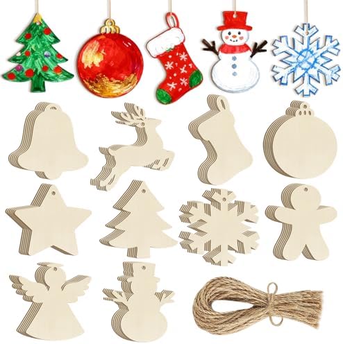 80PCS Wooden Christmas Ornaments to Paint, 8 Styles DIY Blank Unfinished Wood Reindeer Santa Claus Christmas Tree Ball Snowman Snowflake Angel Cutouts Ornament for Crafts Winter Hanging Decorations by Sophena