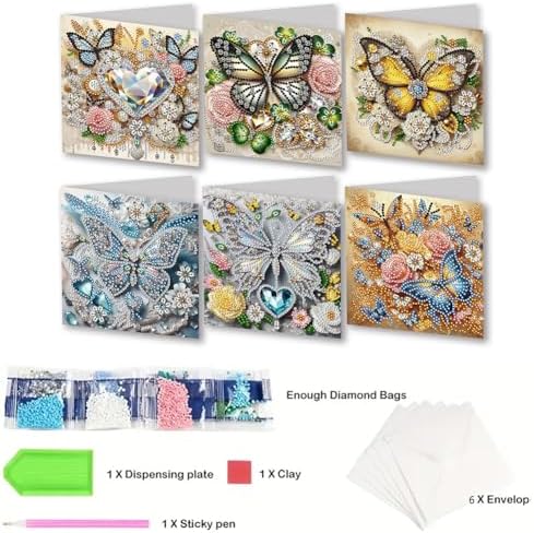 jinglinhh 6pcs Diamond Art Painting Butterfly Gem Yellow Rose Flowers Greeting Cards with Envelopes, DIY Card Making Kits for Adults, Diamond Art Postcards Holiday Cards Craft Gifts - Image 3