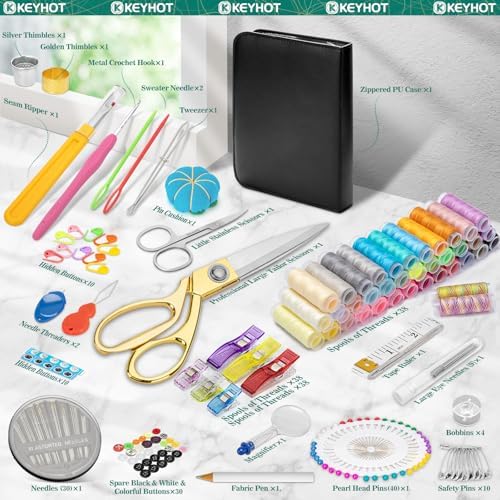 KEYHOT Sewing kit Basic,Needle and Thread Kit,Travel Small Sewing Machine Supplies for Adults Beginners Men, Home Travel Emergency Including Scissors Measure Tape Needle Threader (203pcs) - Image 2