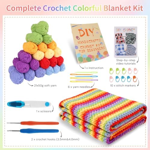 HUYEIOBGD Crochet Blanket Kit for Beginners – Easy Crochet Starter Kit for Adults & Kids, Colorful Rainbow Stripe Yarn, Complete Crochet Supplies with Step-by-Step Video Instructions - Image 3
