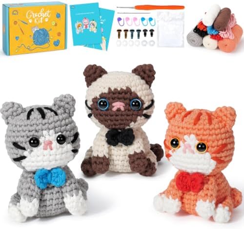 Fortuning's JDS Crochet Kit for Beginners, 3 Cat Crochet Animal Kit Starter by FortuningsJDS