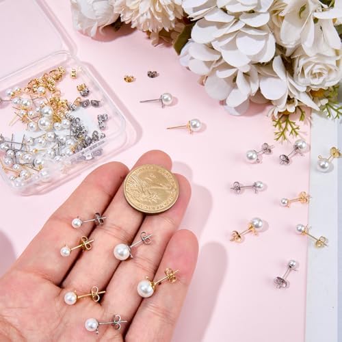 1 Box 120Pcs Pearl Earring Posts Stainless Steel Earring Findings Gold Silver Hypoallergenic Ear Post with Imitation Pearl Loop Butterfly Back Ear Studs for Jewelry Making DIY Crafts Women - Image 3