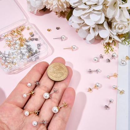 1 Box 120Pcs Pearl Earring Posts Stainless Steel Earring Findings Gold Silver Hypoallergenic Ear Post with Imitation Pearl Loop Butterfly Back Ear Studs for Jewelry Making DIY Crafts Women - Image 3
