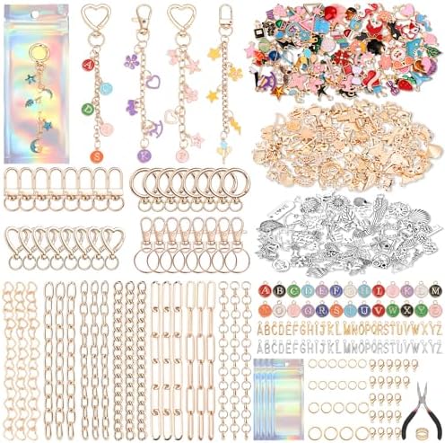 Modacraft 617 Pcs Charms Lip Gloss Keychain Making Kit, DIY Bag Charm Kit Including 32 Key Chain Hooks 35 Extender Chains 308 Charms 200 Jump Rings 20 Lobster Clasps 20 Gift Bags for Craft Supplies by Modacraft