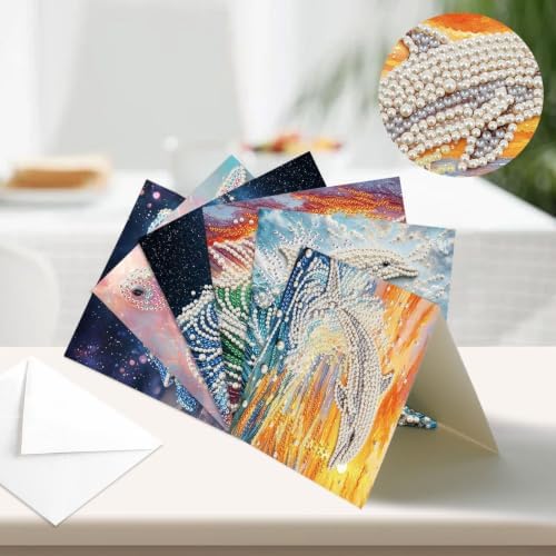 Artiphile DIY Pearl Art Painting Greeting Card Set Crafts Decor 6-Piece Foldable Cards Kit with Envelopes and Tools for Holiday Wishes Adult Crafting Project-Dolphin - Image 2