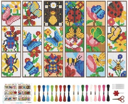 BEUNITONE 6 Pcs Insects Cross Stitch Bookmark Kits for Beginners Bookmark with Butterflies Dragonflies Pattern Counted Cross Stitch DIY Stamped Embroidery with Instructions for Book Lover 8''x2.4'' by BEUNITONE