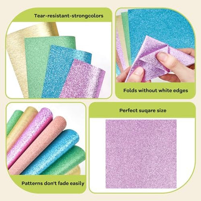JoyCat Pastel Glitter Origami Paper, 50 Sheets, 5 Colors, 6x6 Inch - Image 5