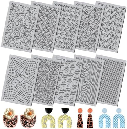 10PCS Polymer Clay Texture Sheets Boho Flower & Nature Texture Mixed Mat for Using with Clay Cutters Pottery Earrings Jewelry DIY Making by ACRNIGHEET