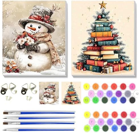 VIGEGU 2 Pack Christmas Paint by Numbers Kit for Adults with Framed,Snowman Christmas Book Tree Paint by Number DIY Adult Paint by Number Kits for Wall Decor9.4x12in by VIGEGU