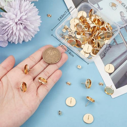 Beebeecraft 1 Box 50Pcs Earring Bezels Trays 18K Gold Plated Blanks Round Cabochon Prong Post Settings Stud Earring Findings with 12mm Tray and 50Pcs Earring Backs for Earring Jewelry Making - Image 3