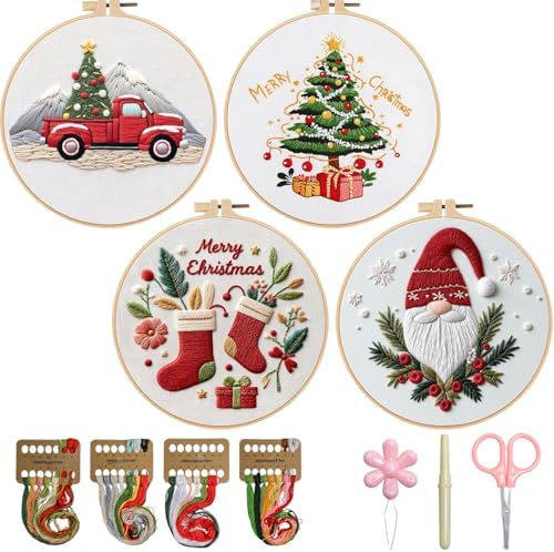 TPZBWG Christmas Embroidery Kit, 4 Pack Cross Stitch Kits,DIY Embroidery Starter Kit for Adults & Beginners, DIY Needlepoint Kit with Embroidery Hoop Thread Needle for Craft Lover Birthday Gifts 1 by TPZBWG
