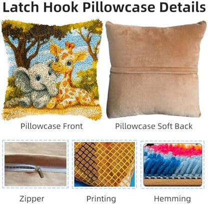 Generic DIY Latch Hook Pillow Kits Cute Elephant and Giraffe Printed Pillowcase Crochet Yarns Hooking Handmade Pillow Cover Cushion for Home Sofa Decoration 17x17inch-4 - Image 3