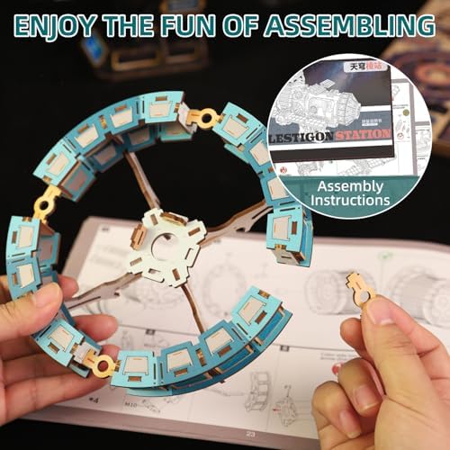 3D Wooden Puzzles International Space Station Model - Collectible Display Model with Interlocking Design, Motorized Solar Panels, Radar & Thrusters, LED Light Effects(Celestigon Station) - Image 5