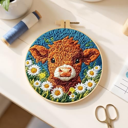 FRANDEK DIY Flower Cow Stamped Embroidery Kit with Hoop for Adults - Image 5