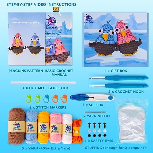 Crochetta Crochet Kit for Beginners, Crochet Kit with Step-by-Step Video Tutorials, Crochet Starter Kit Learn to Crochet Kits for Adults Teenagers, Jumbo 2 Penguins Familly (40%+ Yarn Content) - Image 2