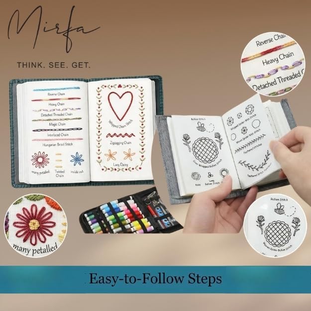 Mirfa Ultimate Embroidery Learning Book, DIY Embroidery Stitch Kit with Complete Sewing Kit, 106 Patterns for Sewing Enthusiasts, Sewing Practice Guide for Adults, Hobby Crafting, Knitting & Weaving - Image 5
