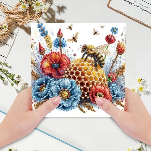 jinglinhh 6pcs Diamond Art Painting Bee Poppy Sunflower Peony Flower Greeting Cards with Envelopes, DIY Card Making Kits for Adults, Diamond Art Postcards Christmas Cards Craft Gifts - Image 4