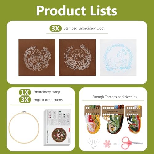 Santune 3 Pack Embroidery Kit Cross Stitch Needlepoint Kits for Beginners Adult Needle Point Sets with Mushroom & Horse Embroidery Patterns, Includes Step-By-Step Instructions & Accessories - Image 3