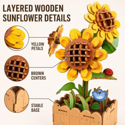 Evankin 3D Wooden Sunflower Puzzle Kit, DIY Bouquet Model - Image 4