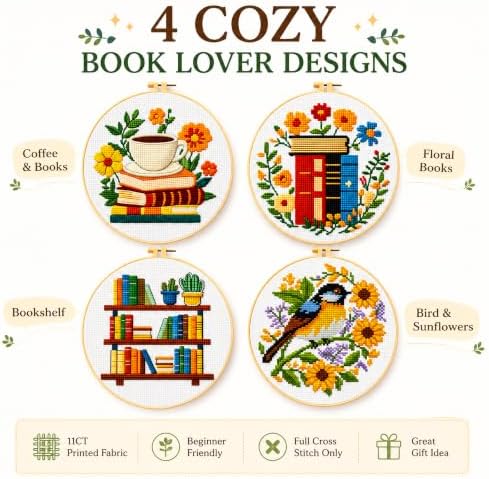 Zhenqing 4 Pack Book Lover Stamped Cross Stitch Kit for Beginners - Image 3