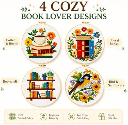 Zhenqing 4 Pack Book Lover Stamped Cross Stitch Kit for Beginners - Image 3