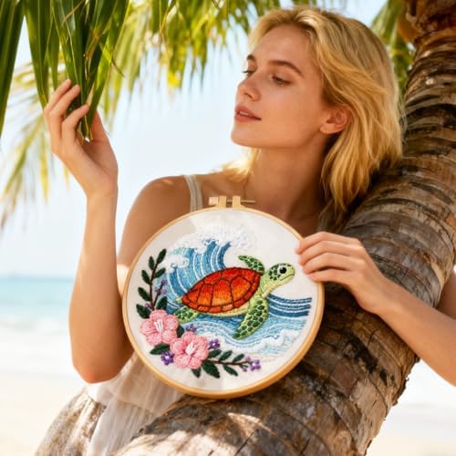 BEUNITONE 4 Sets Sea Turtle Embroidery Kits for Beginners DIY Craft Kits for Adults with Printed Patterns, Hoops and Instructions, Hibiscus Flower Needlepoint Kits for Clothing and Home Decor - Image 7
