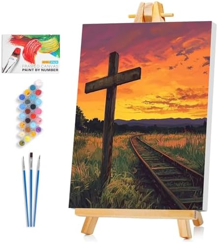 Cross Framed Paint by Numbers Kit for Adults Beginner & Kids Ages 8-12, Sunset Landscape Paint by Numbers with Frame, without Easel, DIY Number Painting for Adults for Home Decor Gift 8 x 12 Inch by Unknown
