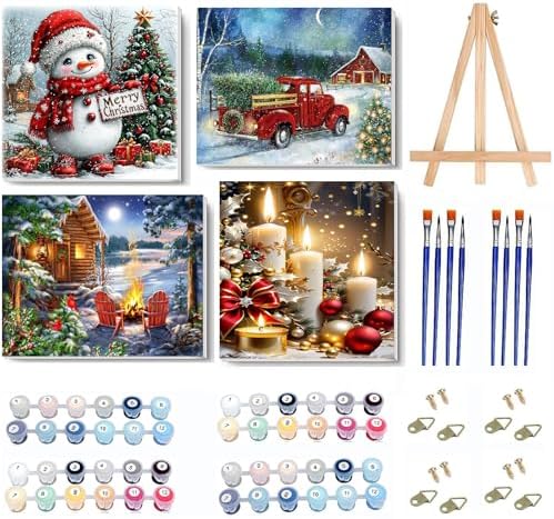 4 Pack Christmas Paint by Numbers Kit for Adults with Framed,Snowman Truck Candle Christmas Tree Paint by Number with Wooden Easel DIY Winter Bonfire Landscape Adult Paint by Number Kits10X12-10x10in by VIGEGU