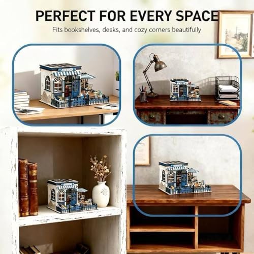 DIY Miniature House Kit - 3D Wooden Puzzle Dollhouse Kit with LED Lights, Coffee Shop Book Nook Bookshelf Insert Decor, Mini House Building Kit for Adults & Teens, Creative Craft Gift - Image 3