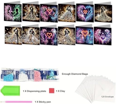 jinglinhh 12pcs Diamond Art Painting Couples Greeting Cards with Envelopes, DIY Card Making Kits for Adults, Diamond Art Christmas Cards for Birthday Holiday Gifts - Image 3