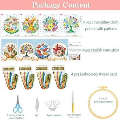 Zhenqing 4 Pack Nature Stamped Cross Stitch Kit for Adults and Beginners, 11CT Printed Fabric Deer Tree Fish Flower Patterns with Hoop, Threads, Needles, Scissors, Threader, Guide - Image 5
